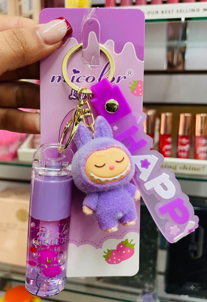 LABUBU Doll Lip Gloss with HAPPY Keychain – Moisturizing Gloss for Soft, Shiny Lips - CUTE GIFT IDEA