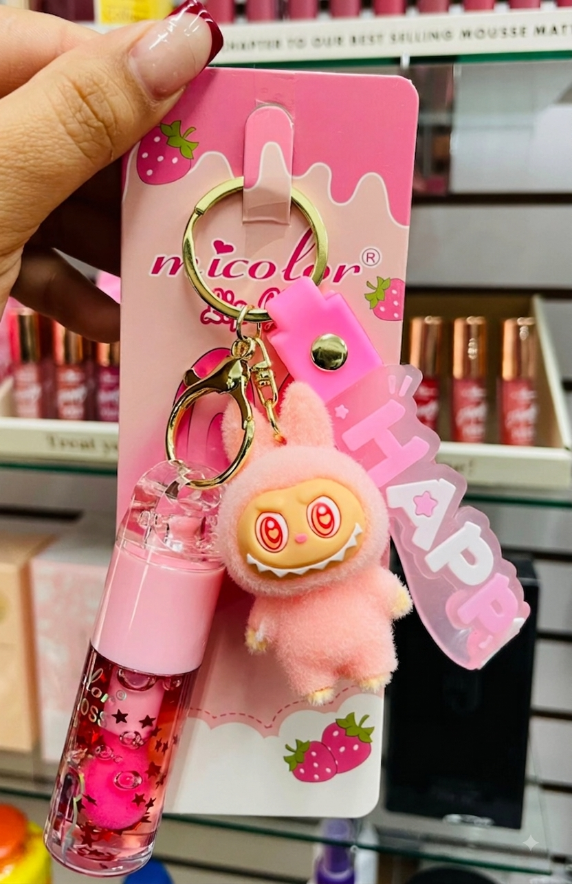 LABUBU Doll Lip Gloss with HAPPY Keychain – Moisturizing Gloss for Soft, Shiny Lips - CUTE GIFT IDEA