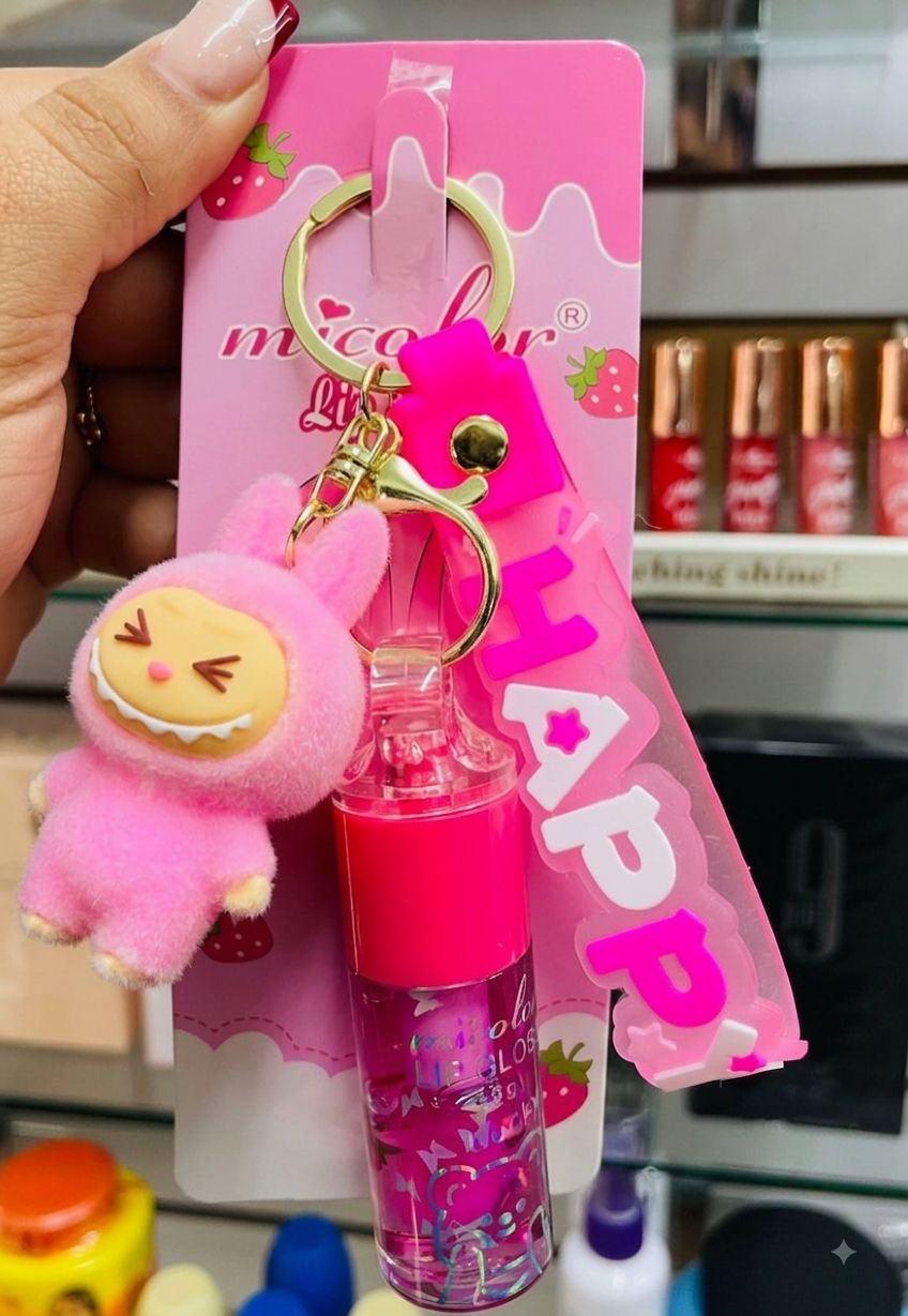 LABUBU Doll Lip Gloss with HAPPY Keychain – Moisturizing Gloss for Soft, Shiny Lips - CUTE GIFT IDEA
